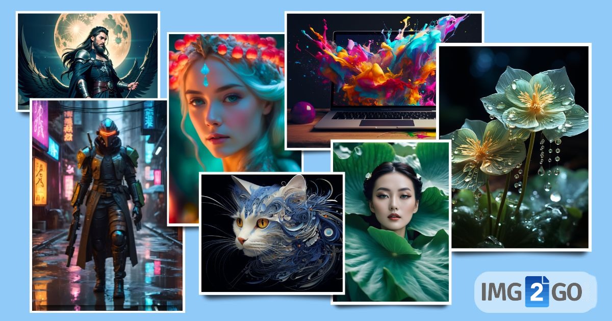 Exemples d'art generat amb IA: personatges de fantasia, retrats, un gat, flors i una esquitxada de pintura