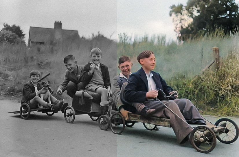 black and white photo of a group of people riding on a three-wheeled cart