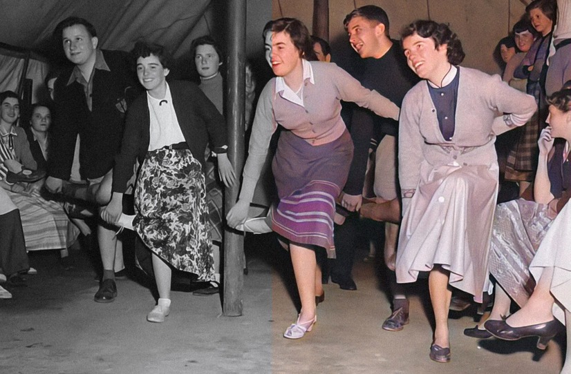 black and white photo of a group of people dancing