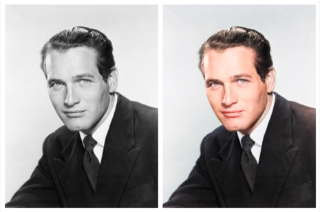 Comparison of a black and white and colorized image of Paul Newman
