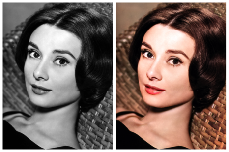 Comparison of a black and white and colorized image of Audrey Hepburn