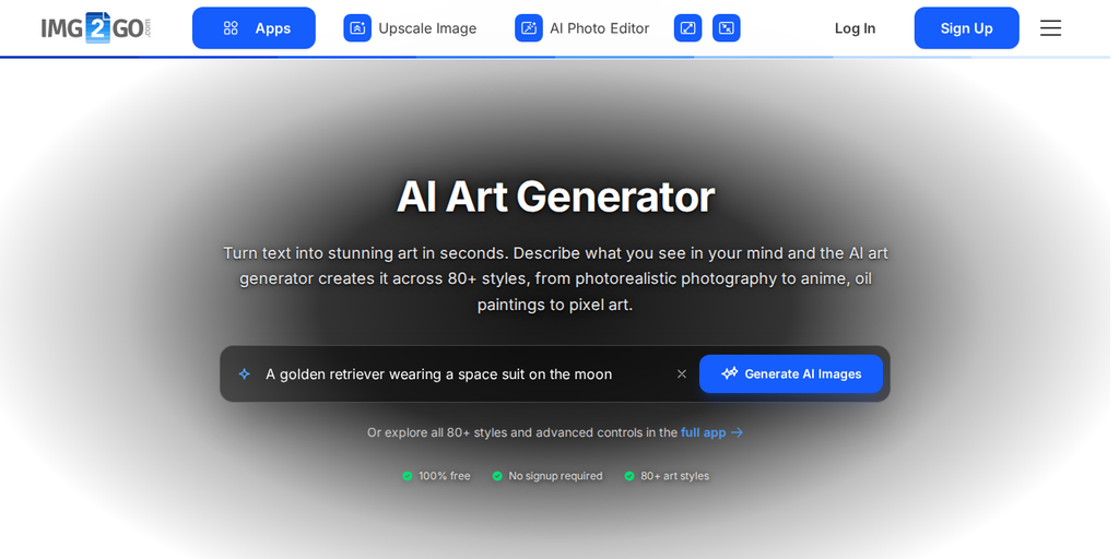 La page Générateur d’art IA sur Img2Go, avec son champ de prompt