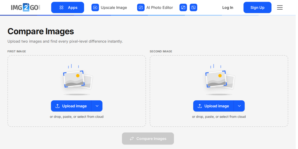 La page Comparer des images sur Img2Go, avec une boîte de téléversement pour chacune des deux images