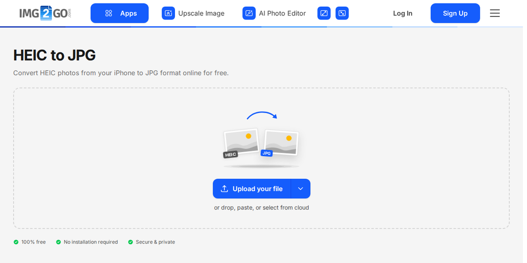La page Convertir HEIC en JPG sur Img2Go, affichant le bouton "Télécharger votre fichier"