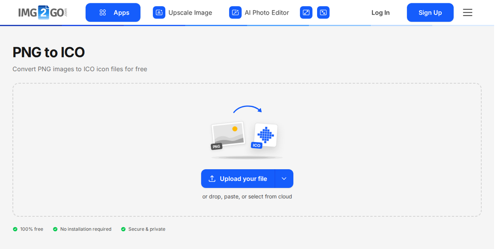 Страница Конвертировать PNG в ICO на Img2Go с кнопкой "Upload your file"