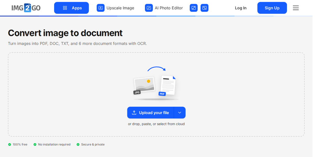 La pàgina Convertir imatge a document a Img2Go, que mostra el botó "Puja el teu fitxer"