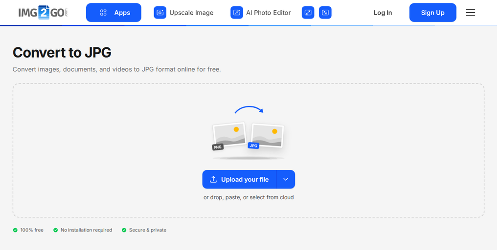 صفحة تحويل إلى JPG على Img2Go، مع ظهور زر "Upload your file"