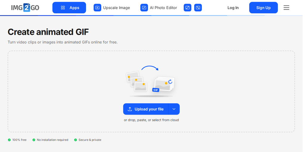 Img2Go の アニメーションGIFを作成 ページ。「Upload your file」ボタンが表示されている画面