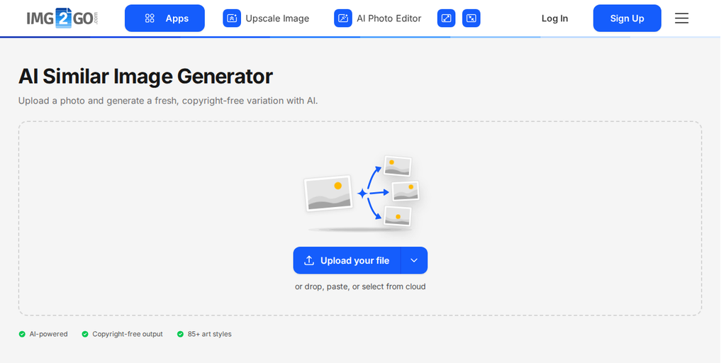 Страница Генератор похожих изображений с ИИ на Img2Go с кнопкой "Upload your file"
