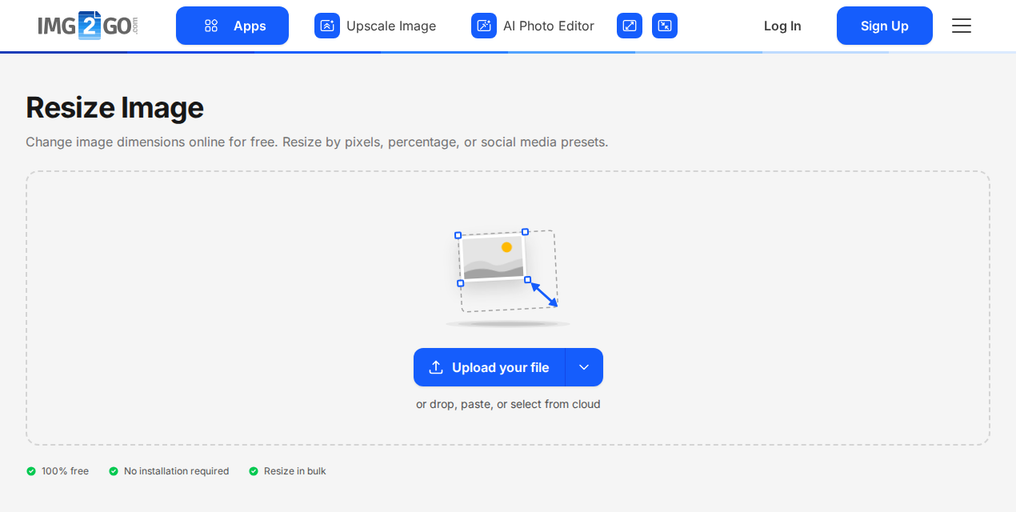 La page Redimensionner l'image sur Img2Go, affichant le bouton "Téléchargez votre fichier"