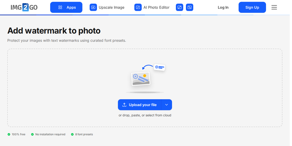 Img2Go の ウォーターマークを追加 ページ。「Upload your file」ボタンが表示されている画面