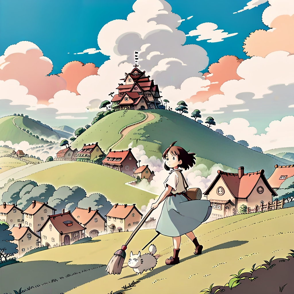 기묘한 풍경이 있는 Studio Ghibli 영감을 받은 AI 생성 일러스트